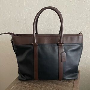 Coach Leather Work Tote | Zip Top + Crossbody Strap | Black & Brown